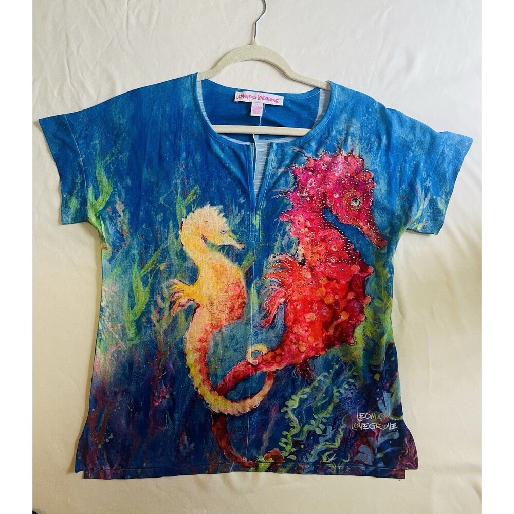 LEOMA LOVEGROVE Seahorse Art Tunic Top Size S Tropical Beachy Bling Art To Wear